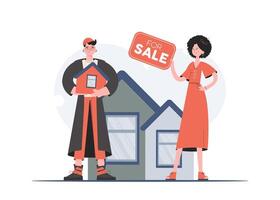 A man and a woman are standing in full growth holding a model of the house in their hands. House sale. Flat style. Element for presentations, sites. vector