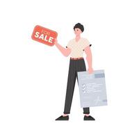 A man with a document and a tablet in his hands for sale. The concept of selling a house. Isolated. illustration. vector