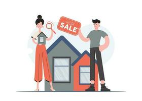 A man and a woman stand in full growth looking for a house in the real estate market. Property search. Flat style. Element for presentations, sites. vector