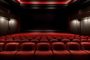 A Row Of Red Seats In Front Of A Projector Screen. photo