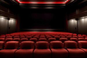 A Row Of Red Seats In Front Of A Projector Screen. AI Generated photo