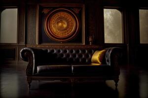 A Couch In A Dark Room With A Clock On The Wall. photo