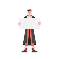 A man stands in full growth with a blank banner in his hands. Isolated. Flat style. Element for presentations, sites. vector