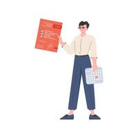 A man stands to his full height and holds a calculator and a tax return. Isolated. Element for presentation. vector