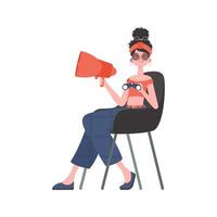 The girl sits in a chair and holds a bullhorn or loudspeaker. Isolated. vector