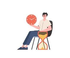 A man sits in a chair and holds a watch in his hands. Isolated. Element for presentation. vector