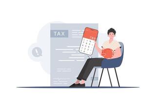 A man sits in a chair and holds a calculator and a piggy bank in his hands. The concept of payment and calculation of taxes. Vector illustration.