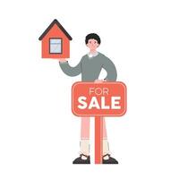 A man stands in full growth with a house model and a sale sign. Isolated. Flat style. Element for presentations, sites. vector