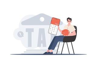 A man sits in a chair and holds a calculator and a piggy bank in his hands. The concept of payment and calculation of taxes. Trend style, vector illustration.