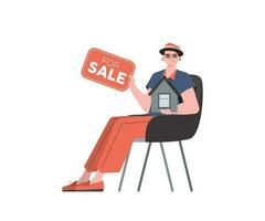 A man sits on a chair with a sign in his hands for sale. Selling a house or real estate. Isolated. Vector illustration.