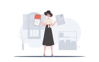 The girl is holding a calculator and a tax form in her hands. The concept of payment and calculation of taxes. illustration. vector