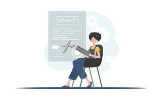 A woman is sitting in a chair signing a contract. Partnership. Element for presentation. vector