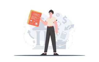 The man is holding a contract. The character is depicted in full growth. The concept of concluding contracts. Vector illustration.