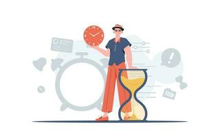 A man stands in full growth with an hourglass. Time management. Element for presentation. vector