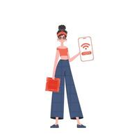 The girl is holding a phone with the IoT logo in her hands. Internet of things and automation concept. Trendy flat style. Vector illustration.