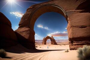 A Large Arch In The Middle Of A Desert. AI Generated photo