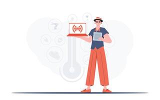 A man holds a laptop and a processor chip in his hands. IoT concept. Vector illustration in flat style.