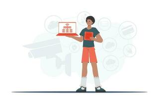 el chico sostiene un ordenador portátil y un procesador chip en su manos. iot y automatización concepto. vector ilustración en plano estilo.