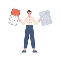 The guy is holding a calculator and a tax form in his hands. Isolated on white background. Vector illustration.