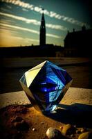 A Blue Diamond Sitting On The Ground In Front Of A Building. AI Generated photo