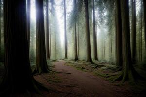 A Path In The Middle Of A Forest Surrounded By Tall Trees. photo