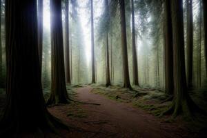 un camino en el medio de un bosque rodeado por alto arboles ai generado foto