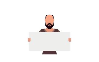 A man with a blank banner in his hands. The guy is protesting. Vector illustration.