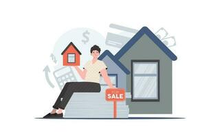 A man sits on a mountain of documents and holds a small house in his hands. The concept of selling a house. trendy style. Vector illustration.