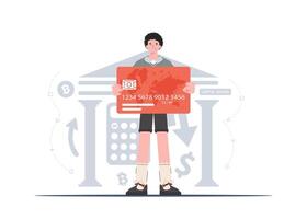 A man stands in full growth with a plastic card in his hands. Deposit. Flat style. Element for presentations, sites. vector