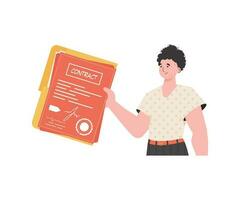 The man is holding a contract. The character is depicted to the waist. Isolated on white background. Vector illustration.