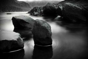 un negro y blanco foto de rocas en el agua. ai generado