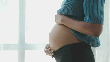 mujer con embarazada barriga en pie en frente de blanco pared video