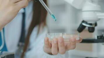 Medical worker in lab coat and sterile mask, doing a microscope analysis while her colleague are working behind video