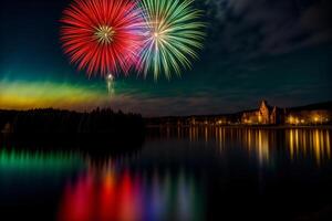 un Fuegos artificiales monitor terminado un lago con un castillo en el antecedentes. ai generado foto