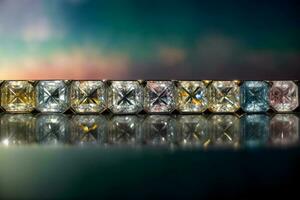 un fila de diferente de colores diamantes en un reflexivo superficie. ai generado foto