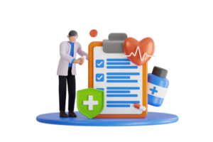3d doctor writing prescription and holding pills. Male doctor prescribing medical treatment, painkiller or vitamin. 3d illustration png