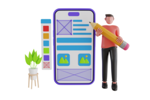 ux ui Design Konzept mit Charakter und Text Ort. Mann schafft ein Benutzerdefiniert Design zum ein Handy, Mobiltelefon Anwendung, ui ux Design. 3d Illustration png