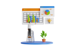 3d illustration av man med förstorande glas forska en företag instrumentbräda med grafer och infografik. framgångsrik investerare med diagram, infographics och data analys. png