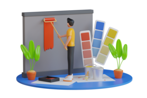 3D Illustration of Professional painter painting a wall. man painting wall with roller. view of painter man painting the wall, with paint roller and bucket png