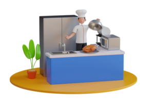 3D Chef cooking chicken in restaurant kitchen. chef character holding silver dish in hand. Cooking Chicken 3d illustration png