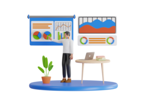 3d Illustration von Fachmann Geschäft Analytiker, Prüfung und finanziell Analyse. Daten Analytik, Instrumententafel und Geschäft Finanzen Bericht png