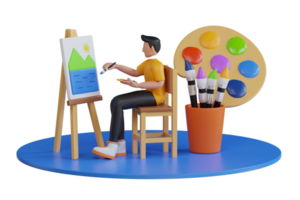 male artist drawing with pencil 3d illustration. Isometric artist painting picture on easel. 3D illustration png