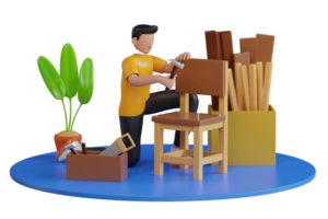 carpintero utilizando carpintería herramientas para arte trabajo en carpintería taller. profesional carpintero laboral. 3d ilustración png