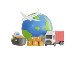 logistics system and transport services to Worldwide. Worldwide logistics, international delivery service. 3D Illustration png