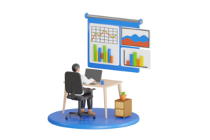 3D Analyst working on business analytics dashboard with KPI, charts and metrics to analyze data and create insight reports. 3d illustration png