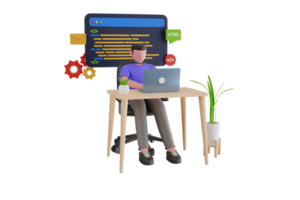 Professional programmer writing code for testing computer software. Man using computer for fixing bugs, coding and programing. 3d illustration png
