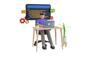 Professional programmer writing code for testing computer software. Man using computer for fixing bugs, coding and programing. 3d illustration png