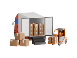 3d cargando cajas de paquetes sobre camión. máquina elevadora cargas paquetes sobre camión. entrega Servicio y gratis Envío ilustración concepto png