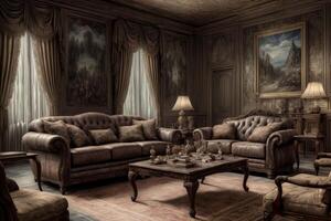 A Living Room Filled With Furniture And A Painting On The Wall. AI Generated photo