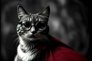 A Cat Wearing Glasses And A Red Cape. AI Generated photo